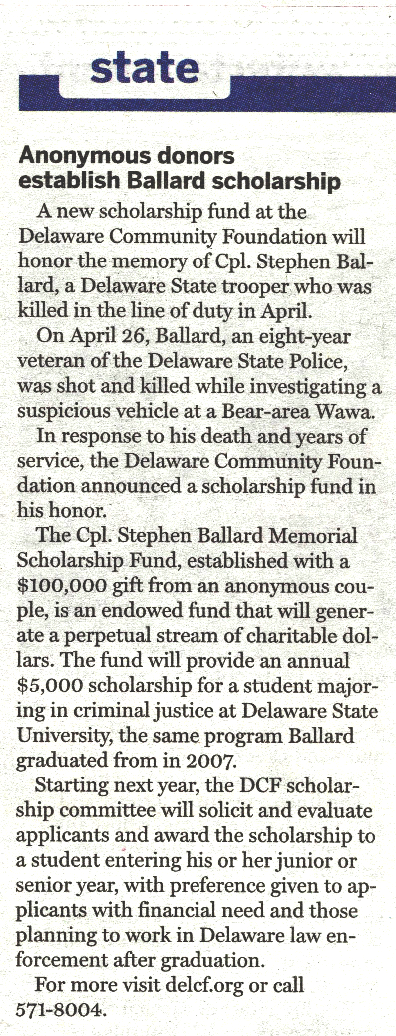 Delaware State Trooper Stephen Ballard Scholarship Fund